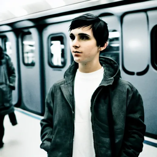 Prompt: a white young man with short black hair and a cyberpunk jacket on while standing in a subway train station with other people in the year 2032 —n 4