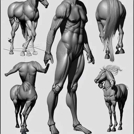 Prompt: centaur anatomy reference sheet, 8k, very detailed.