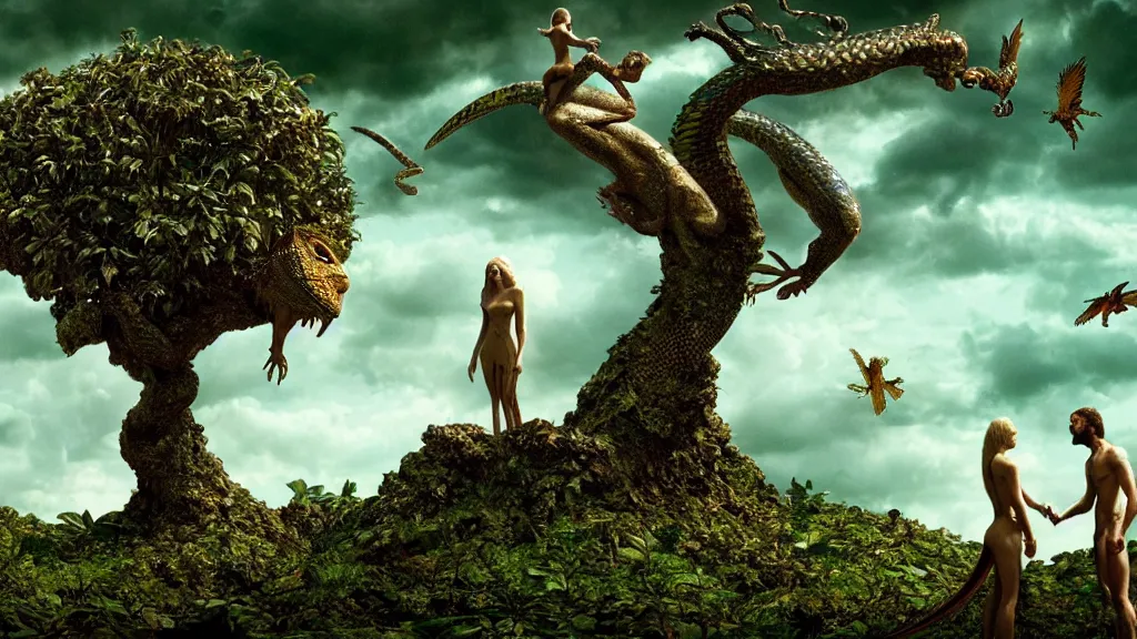 Prompt: Adam and eve with winged lizard, the tree of life, maximalist, high detail, 8k, ornate, dark fantasy, realistic, masterpiece, complex, WLOP, film still from the movie directed by Denis Villeneuve, wide angle