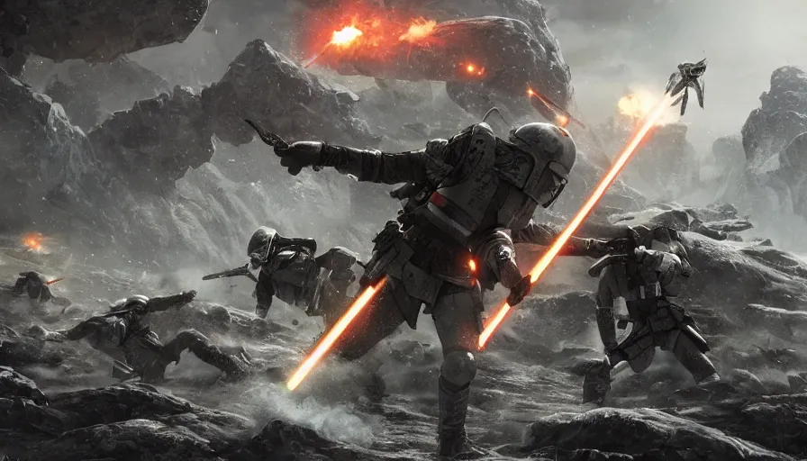 Prompt: an epic battle between the empire and the rebellion on a rock planet, cinematic, rtx, detailed, beautiful, accurate, fantasy artwork