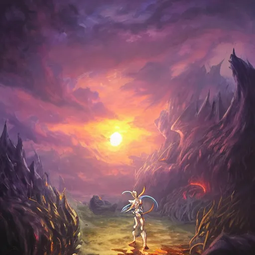 Image similar to painting of siegfried from soulcalibur!!!!!, watching a purple and orange sunset!!, from the black mage cemetery!!!, in the style of justin gerard!!!!