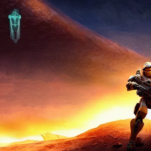 Image similar to master chief on a desert planet. epic image. action pose. explosions. sunrise