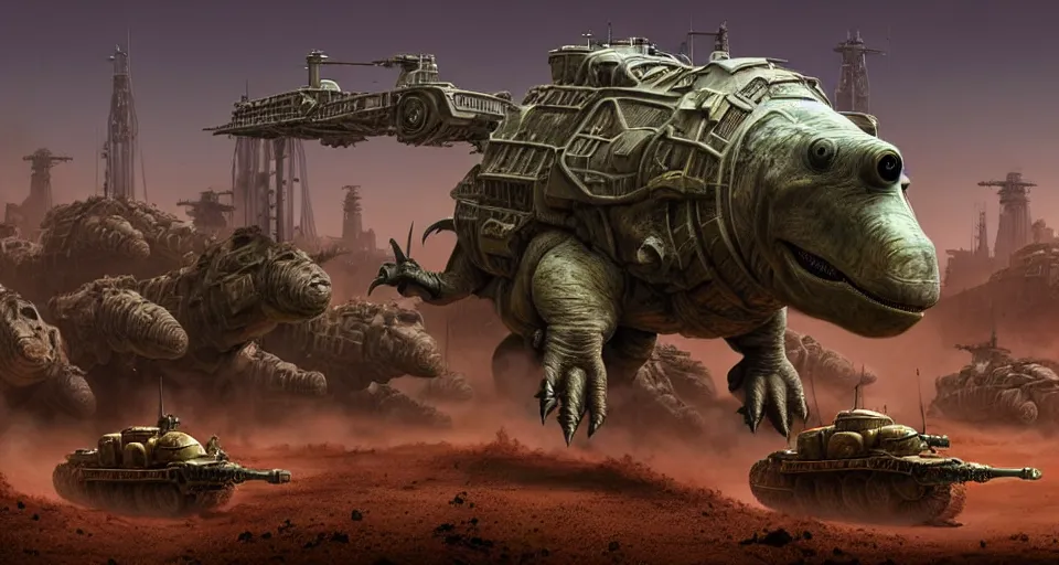 Prompt: pixar running dinosaurs googly eyes, m 1 tank fury road, warm colored highly detailed cinematic scifi render of 3 d sculpt of spiked gears of war skulls bucketwheel jabbas palace iron smelting pits, military chris foss, john harris, hoover dam'aircraft carrier tower'beeple, warhammer 4 0 k, halo, halo, mass effect