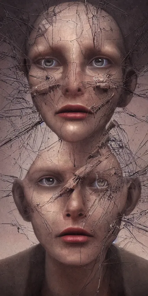 Image similar to a closeup of a businesswoman with computer motherboard parts built inside her head, Beksinski, Dariusz Zawadzki, very coherent symmetrical artwork. cinematic, hyper realism, high detail, octane render, 8k