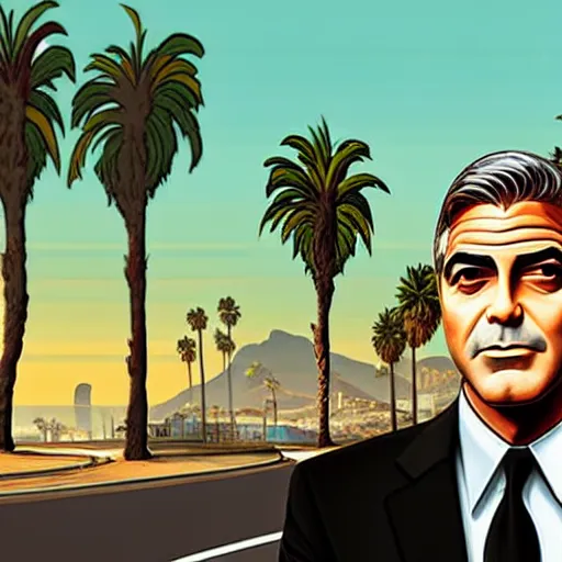 Image similar to george clooney in gta v. los santos in background, palm trees in the art style of stephen bliss