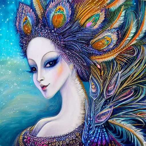 Prompt: beautiful white fox with headdress of long flowing peacock feathers detailed painting in the style of josephine wall 4 k