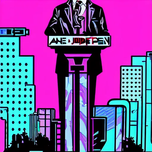 Image similar to A cyberpunk cybernetically-enhanced android Joe Biden giving a speech to a city, pop art, synthwave, painting