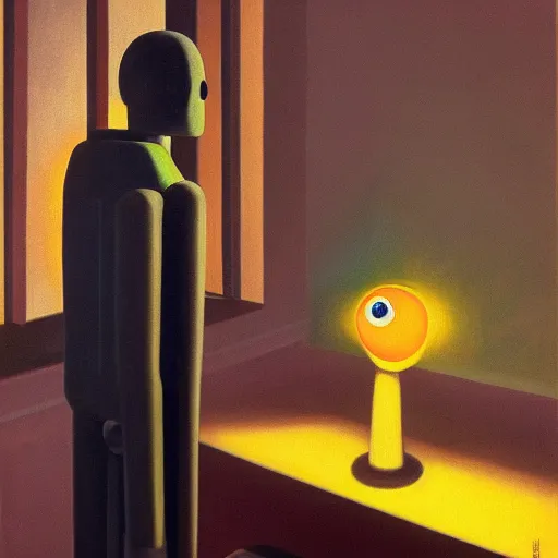 Prompt: a mesmerized robot staring at a computer screen, beams coming out of glowing eyes, portrait, pj crook, grant wood, edward hopper, syd mead, chiaroscuro, oil on canvas