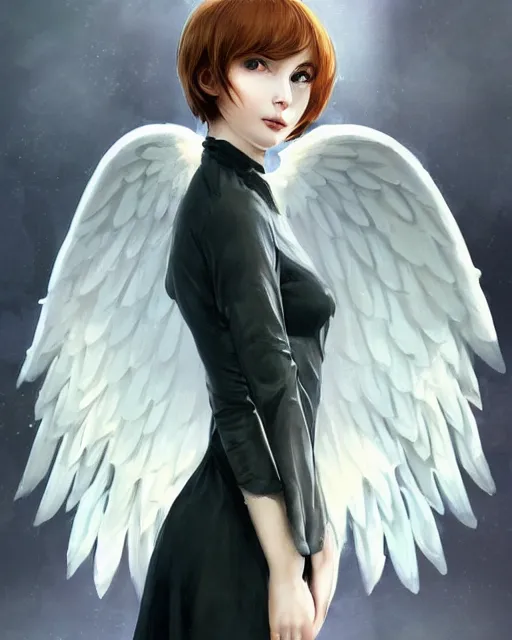 Image similar to ilya kuvshinov. an infinitely detailed portrait of a frail and pale female peace angel elegantly. fully - clothed full - body, beautiful! scenery art!! coherent! by wlop. victorian armor trim, cold color palette, artstation / pixiv!! elegantly armored angel portrait full - body, dreamy art