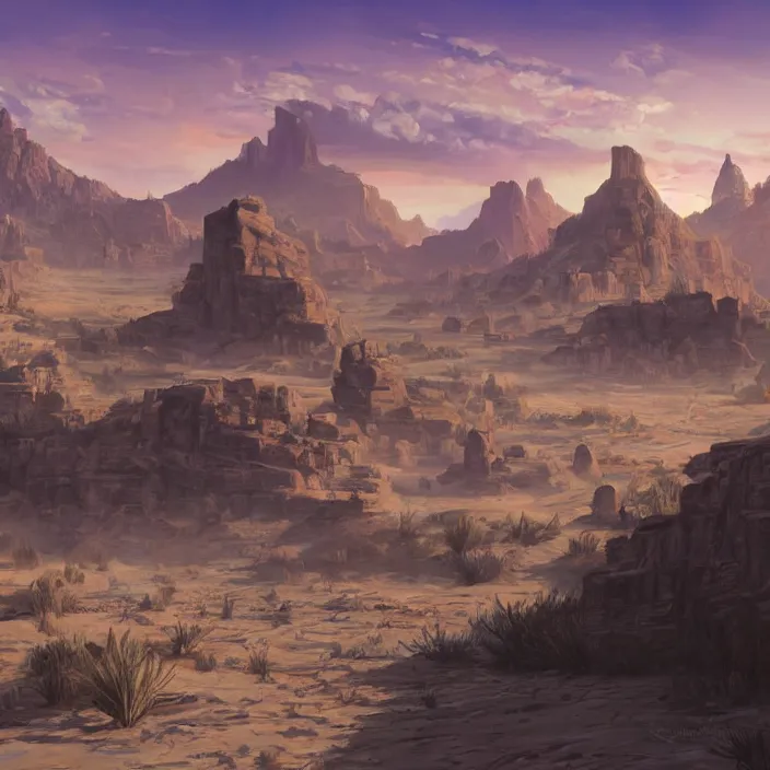 Image similar to large densely packed bustling old western style city in the middle of a sandy flat desert with a single mountain on the very distant horizon. magic the gathering art, digital media