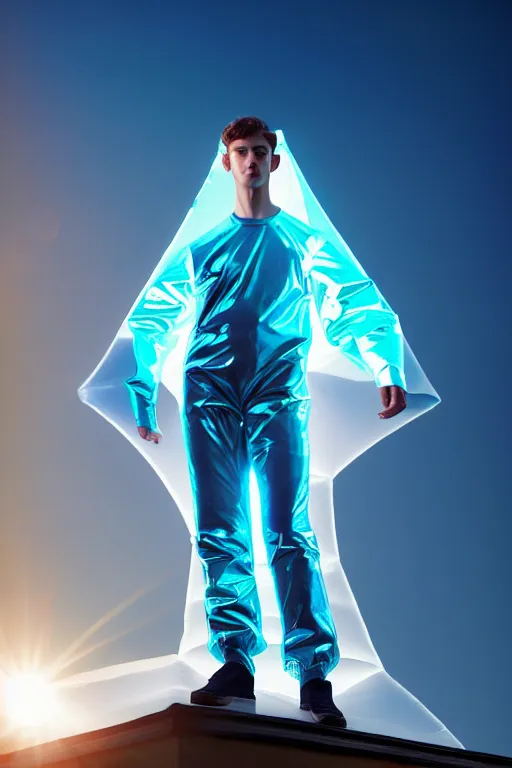 Image similar to un ultra high definition studio quality photographic art portrait of a young man standing on the rooftop of a british apartment building wearing soft inflatable padded iridescent refractive clothing. three point light. extremely detailed. golden ratio, ray tracing, volumetric light, shallow depth of field. set dressed.