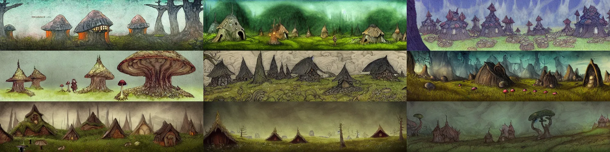 Prompt: “wide shot, concept art, a fairytale landscape, mushroom houses, grendel from beowulf, in the style of John Bauer and wimmelbilder”