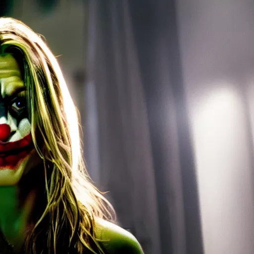 Image similar to stunning awe inspiring jennifer aniston as the joker, movie still 8 k hdr atmospheric lighting