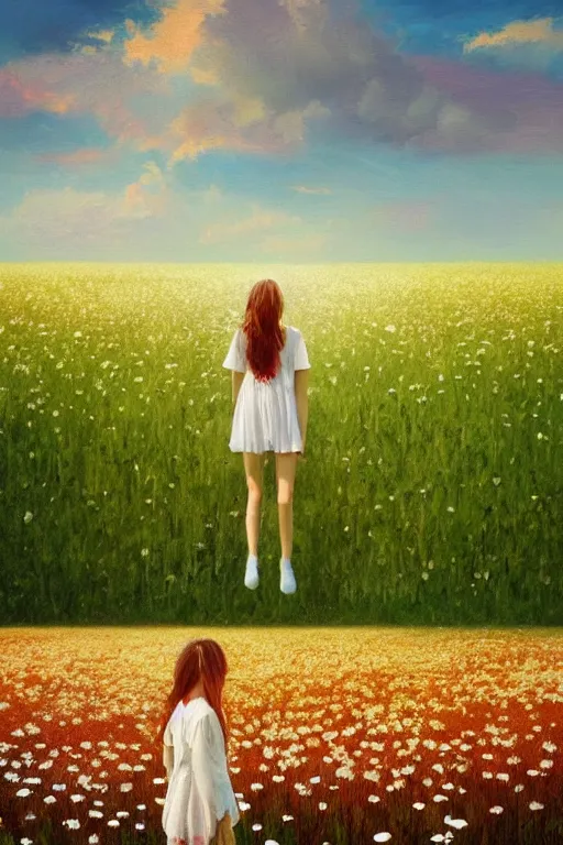 Prompt: giant white daisy flower as head, girl walking in a flower field, surreal photography, sunrise, dramatic light, impressionist painting, colorful clouds, digital painting, artstation, simon stalenhag