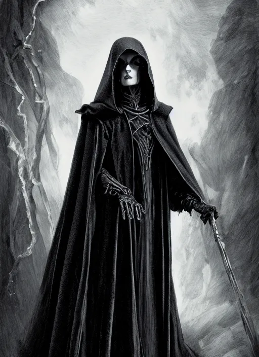 Image similar to fineart illustration of the necromancer wearing a black cloak, hyper detailed, crisp