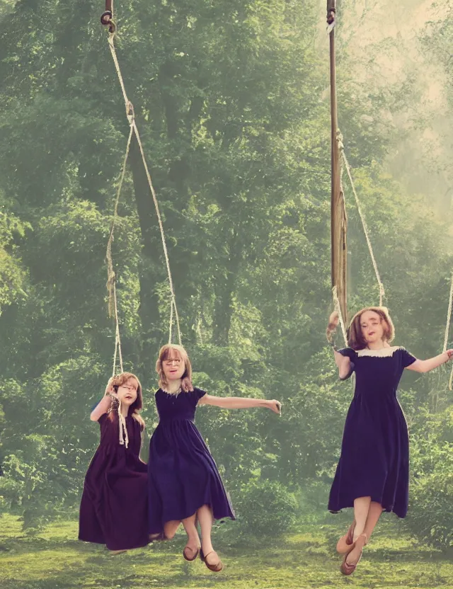 Prompt: two girls in vintage dresses happily swing on hanging swings in the forest, motion photo, Cottage core, Cinematic focus, Polaroid photo, vintage, neutral colors, soft lights, foggy, by Steve Hanks, by Serov Valentin, by lisa yuskavage, by Andrei Tarkovsky, by Terrence Malick, by Krenz Cushart, 8k render, detailed, oil on canvas