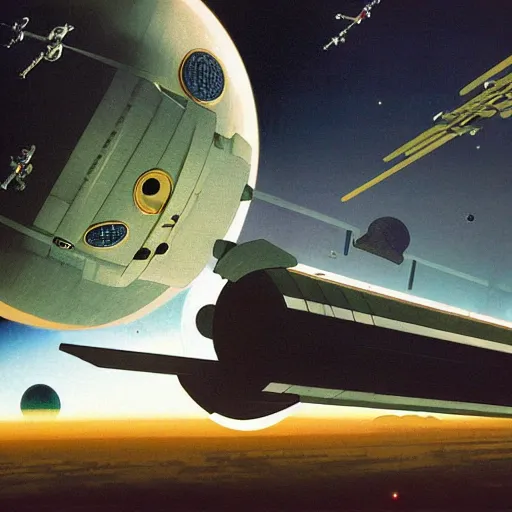 Image similar to Orbital space station with agriculture, cozy lighting, space seen outside, by Syd Mead, John Harris, Federico Pelat