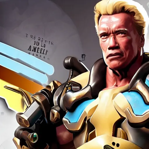 Image similar to a screenshot of arnold schwarzenegger as mercy in overwatch