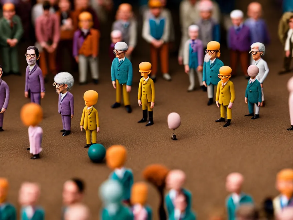 Image similar to macro photo of tiny claymation people wes anderson sharp focus