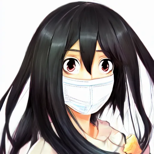 Image similar to full headshot portrait of a girl with long black hair, wearing a surgical mask, drawn by ATDAN, by Avetetsuya Studios, attractive character, colored sketch anime manga panel, trending on Pixiv