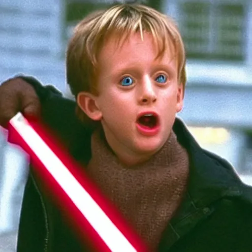 Prompt: Kevin McCallister if he had a lightsaber