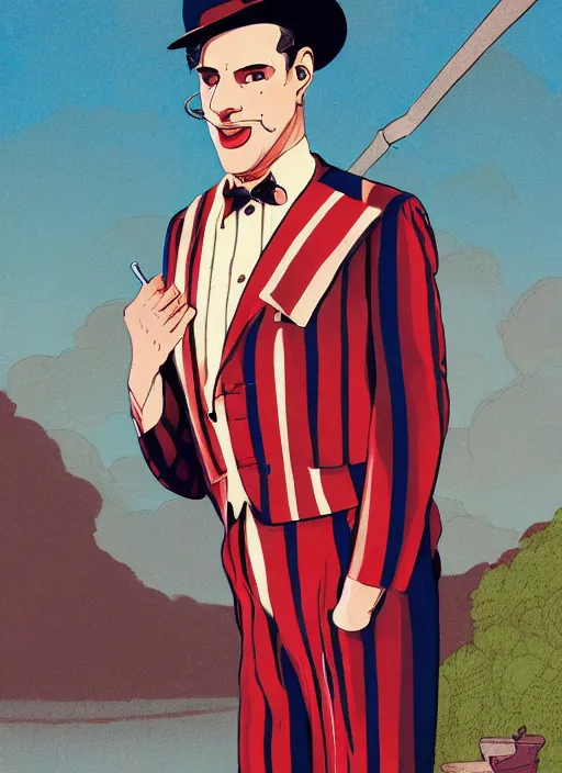Prompt: artwork by Michael Whelan, Bob Larkin and Tomer Hanuka, of a solo individual portrait of man wearing a barbershop quartet costume, wearing a 1920s red striped outfit, dapper, simple illustration, domestic, nostalgic, full of details, by Makoto Shinkai and thomas kinkade, Matte painting, trending on artstation and unreal engine