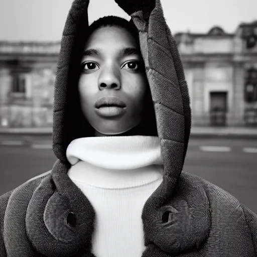 Image similar to realistic! photoshoot for a new balenciaga lookbook, color film photography, portrait of a beautiful woman wearing a puffer jacket, photo in style of tyler mitchell, fisheye lens