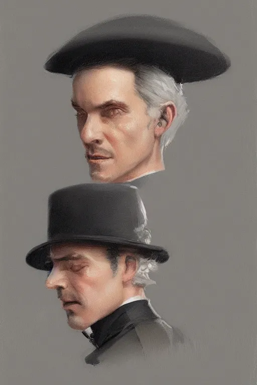 Image similar to a grey hair halfling stubble tophat and suit by Greg Rutkowski, painting, portrait, HD, high details, trending on artstation