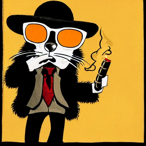 Prompt: an anthropomorphic gangster rat, by akihito yoshida, smoking a cigar, wearing sunglasses, wearing a luxury fur coat, under the light of a street lamp at night