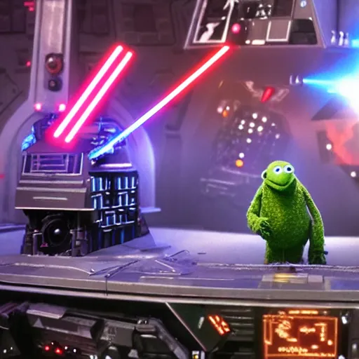 Image similar to muppets in a star wars movie scene, laser , explosions, movie stage setup, 8k