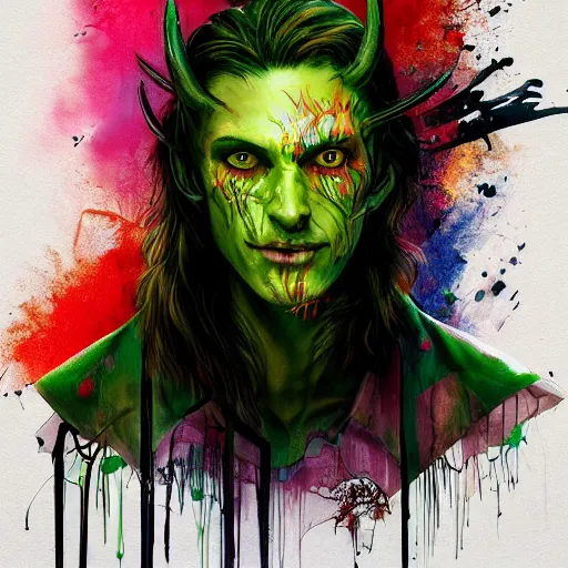 Image similar to a Demon Slayer portrait of Jamie Savile, tall, pale-skinned, slender with lime green eyes and long eyelashes by Stanley Artgerm, Tom Bagshaw, Arthur Adams, Carne Griffiths, trending on Deviant Art, street art, face enhance, chillwave, maximalist, full of color, glittering