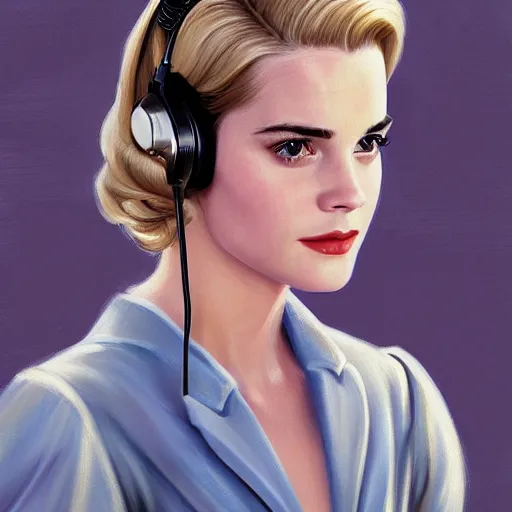 Prompt: A combination of Grace Kelly's and Emma Watson's and Ashley Greene's appearances with blonde hair wearing Power armor and a headset, full body portrait, western, D&D, fantasy, intricate, elegant, highly detailed, digital painting, artstation, concept art, matte, sharp focus, illustration, art by Donato Giancola and James Gurney