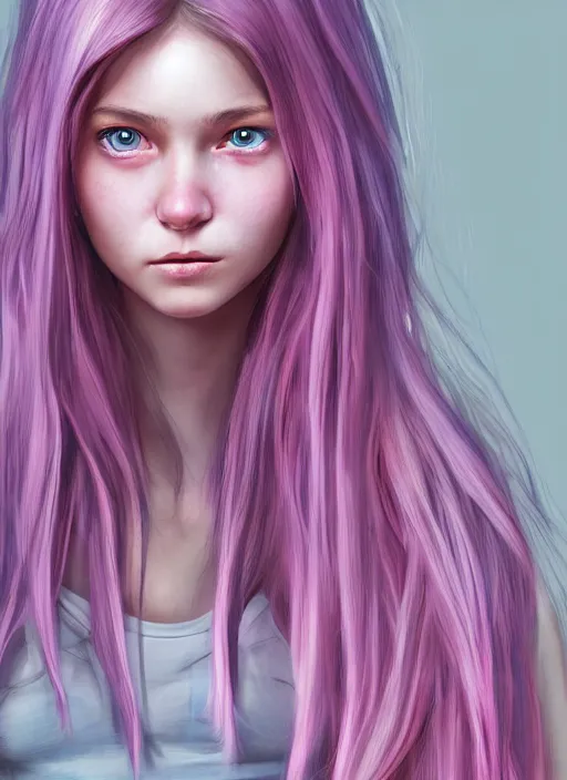 Prompt: highly detailed concept art for the main character in the award winning film named life is better in pink. the character is a unnaturally beautiful teenage girl with deep dark blue eyes and long curled pink dyed hair, wearing light pink clothes. realistic cg render, anatomically correct, high key lighting, trending on art station, digital art, vibrant colors.