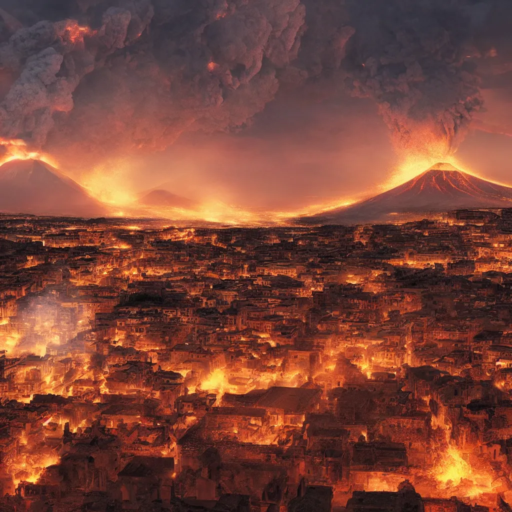 Image similar to Grand Pompeii city facing the erupting volcano, by Sebastian Luca photorealistic cinematic volume lighting