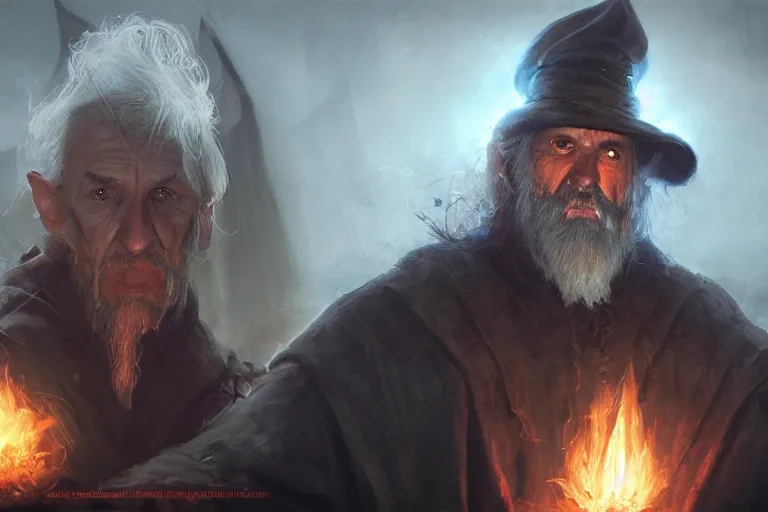 Prompt: old man looks like wizard sorcerer magician warlock spell-caster, bonfire, fire particles, darkness, diablo digital concept art, artwork by Tyler Edlin + Simon Bisley, artstation, very detailed facial structure, 8k