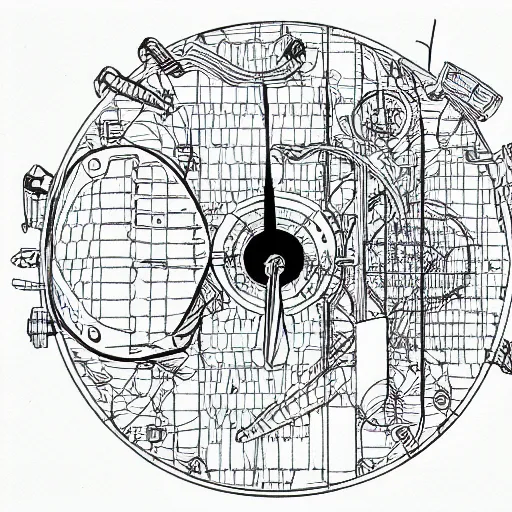 Image similar to Simplistic coloring book of a turbine blueprint, black ball pen on white paper, by Josan Gonzalez and Geof Darrow