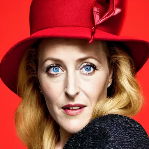 Prompt: photo of a gorgeous Gillian Anderson wearing a 2020s hat by Mario Testino, detailed, head shot, award winning, Sony a7R