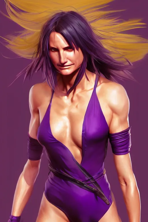 Prompt: fighter anime Cameron Diaz with purple leotard, long black hair wearing fighting cuffs in a fighting stance, digital painting, artstation, concept art, soft light, hdri, smooth, sharp focus, illustration, art by tian zi and craig mullins and WLOP and alphonse mucha