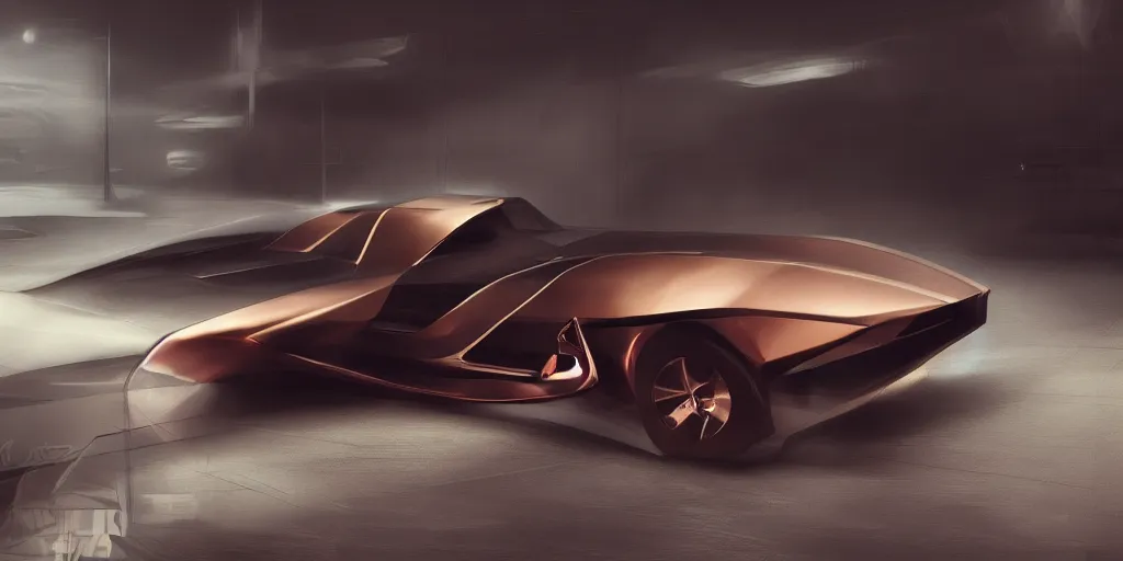 Image similar to a design of a futuristic Corvette C2 1969, designed by Polestar, blade runner background, stained antique copper car paint, black windows, dark show room, dramatic lighting, hyper realistic render, depth of field