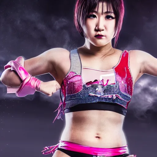 Prompt: Joshi pro wrestler Mayu Iwatani, promo photo, hyper detailed, octane render, 4k, dramatic, cinematic lighting