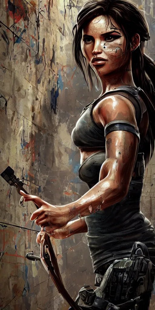 Image similar to portrait of lara croft in the style of 3 d! graffiti, gradients, extreme wide angle, arrows, drips, in the style of daim, totem, fleks, odeith