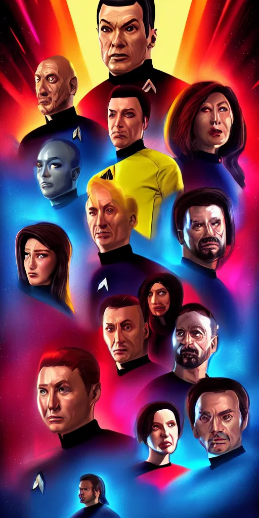 Prompt: Star Trek TNG crew portrait photo, Cyberpunk 2049, highly detailed, pop art poster, vector art, Unreal engine, Octane render, Weta digital, HDRP, RTX, volumetric lighting