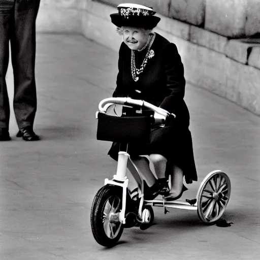 Prompt: queen elizabeth riding a tiny tricycle, color photograph, f8, dramatic angle