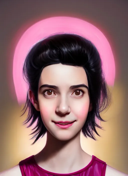 Image similar to portrait of high school girl, realistic, black hair, bangs, half updo hairstyle, pointy nose, skinny, smile, ugly, defined jawline, big chin, pink hair bow, earrings, intricate, elegant, glowing lights, highly detailed, digital painting, artstation, sharp focus, illustration, art by wlop, mars ravelo and greg rutkowski