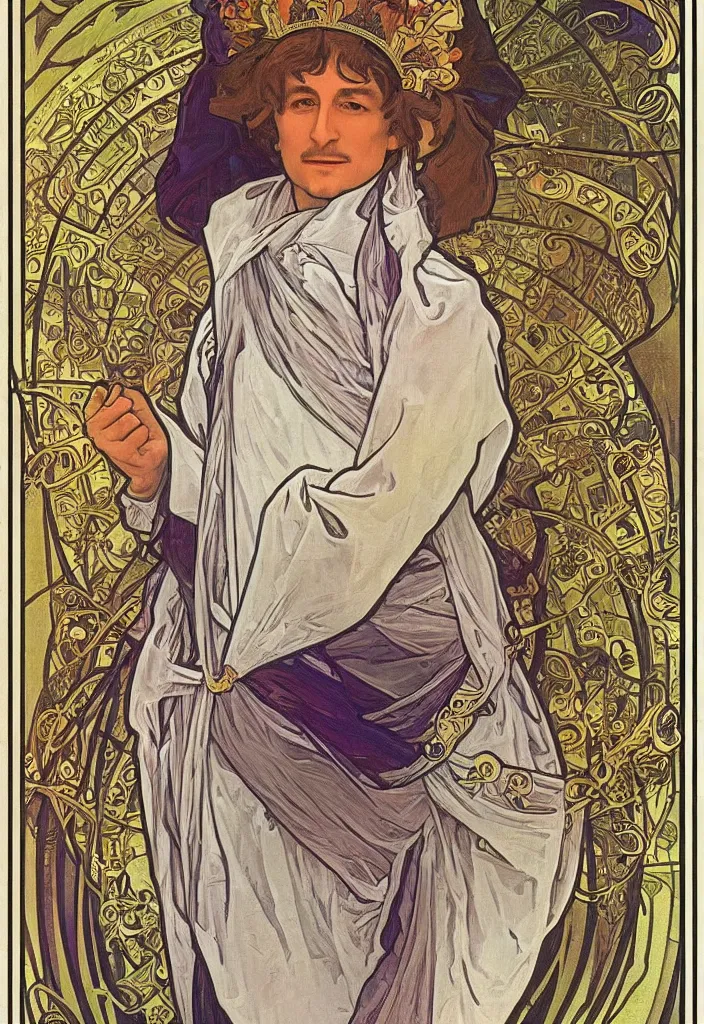 Image similar to geoffrey hinton in a crown on a tarot card, tarot in art style by alphonse mucha