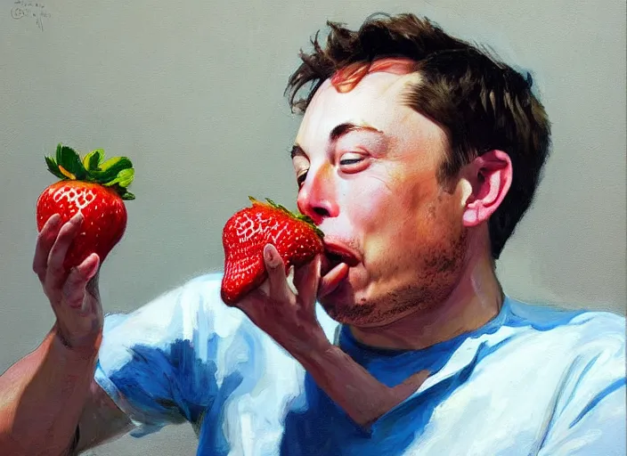 Prompt: a highly detailed beautiful portrait of elon musk eating strawberry, by gregory manchess, james gurney, james jean