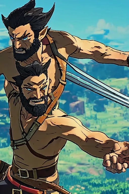 Image similar to in game footage of logan wolverine from the legend of zelda breath of the wild, breath of the wild art style.