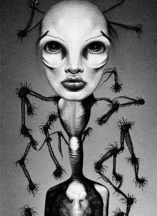 Image similar to surreal portrait of a creature with the body of a 1950's school-girl and whose head is a tarantula, inspired by Mark Ryden and Marion Peck, hints of Cronenberg