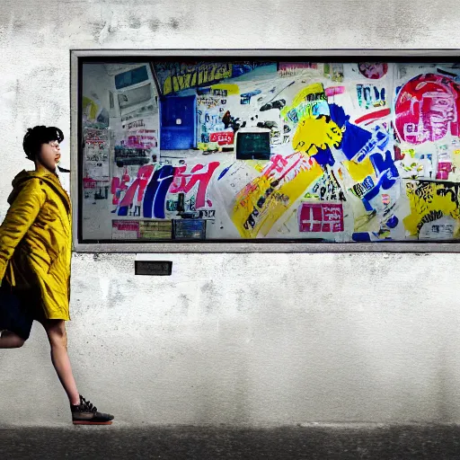 Image similar to incredible wide screenshot, ultrawide, simple watercolor, rough paper texture, ghost in the shell movie scene, backlit distant shot of girl in a parka running from a giant robot invasion side view, yellow parasol in deserted dusty shinjuku junk town, broken vending machines, bold graphic graffiti, old pawn shop, bright sun bleached ground, mud, fog, dust, windy, scary robot monster lurks in the background, ghost mask, teeth, animatronic, black smoke, pale beige sky, junk tv, texture, brown mud, dust, tangled overhead wires, telephone pole, dusty, dry, pencil marks, genius party,shinjuku, koji morimoto, katsuya terada, masamune shirow, tatsuyuki tanaka hd, 4k, remaster, dynamic camera angle, deep 3 point perspective, fish eye, dynamic scene