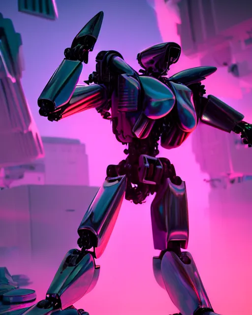 Prompt: hyperrealistic 3d render mecha iridescent pink explosions in the background concept art vray ute osterwald de chirico sharp cinematic very moody light 8k low angle shallow depth of field